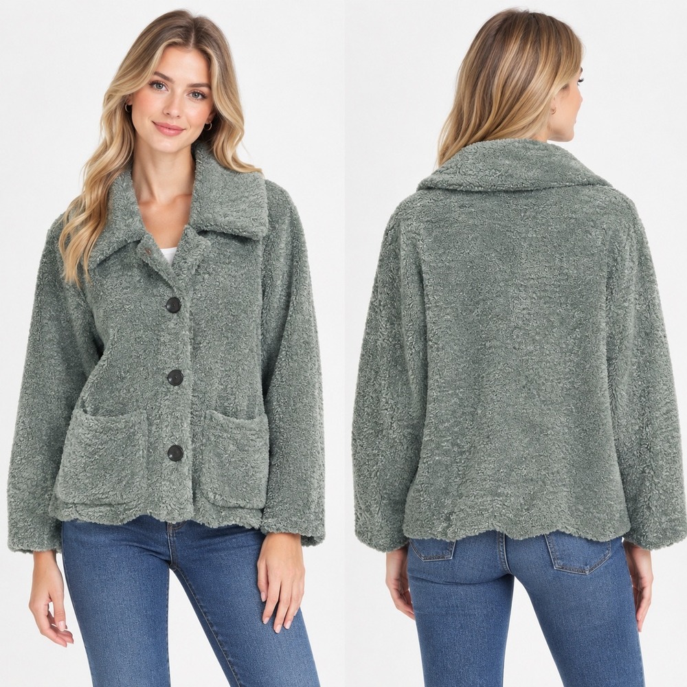 Vince Camuto Cottagecore Eucalyptus Green Faux Fur Teddy Jacket Coat Size M NEW
